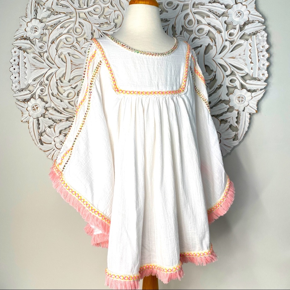 🦩 White Boho Swimsuit Cover with Pink Fringe Detail